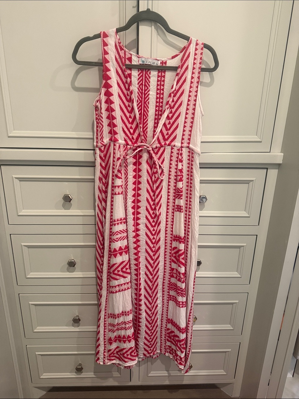 Red & White Sleeveless V-Neck Printed Midi Dress - Bindu Never Worn Cotton